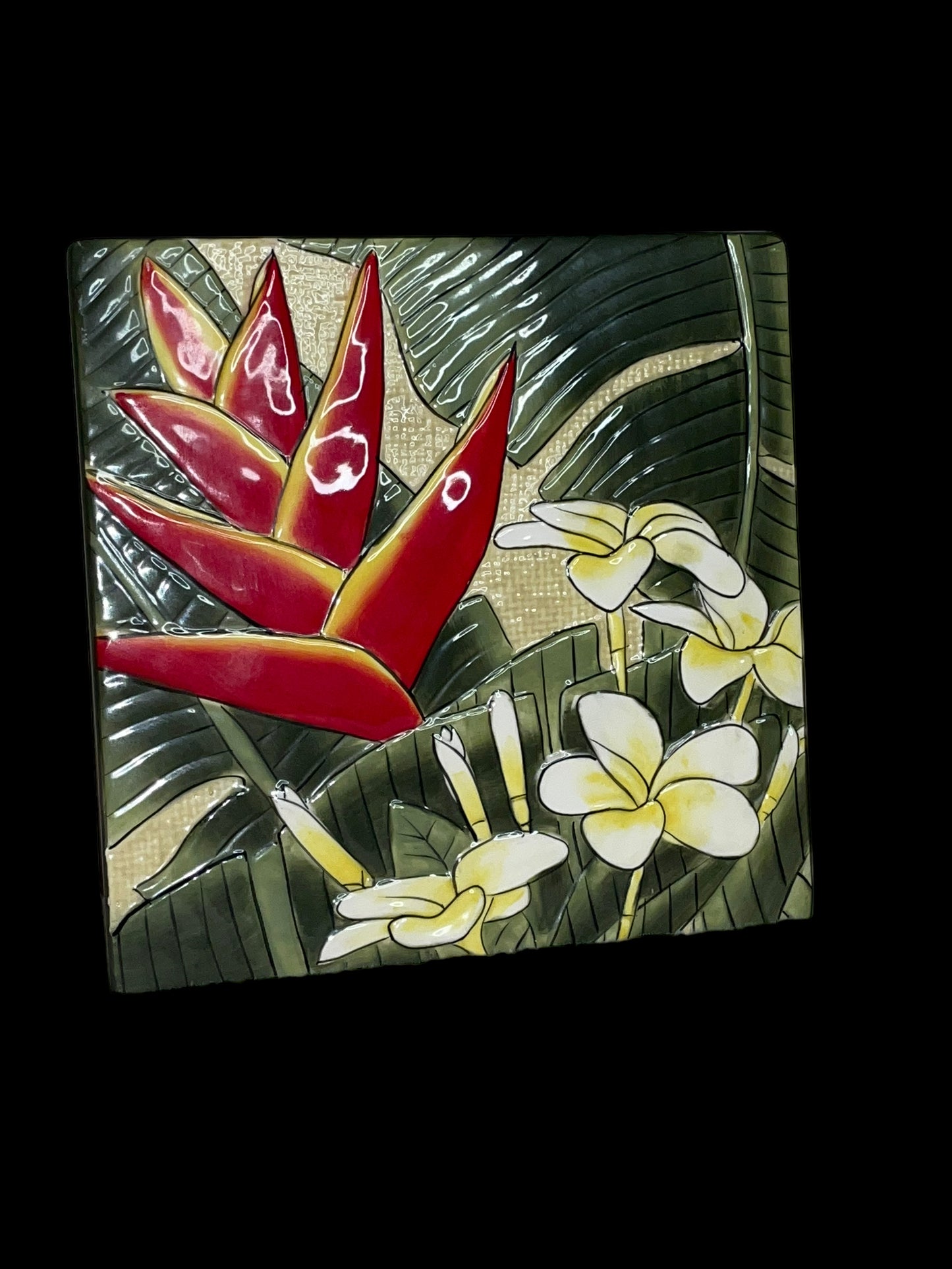 Hand Painted Plumeria and Bird of Paradise 8.25" Ceramic Cheese Serving Tile Plate