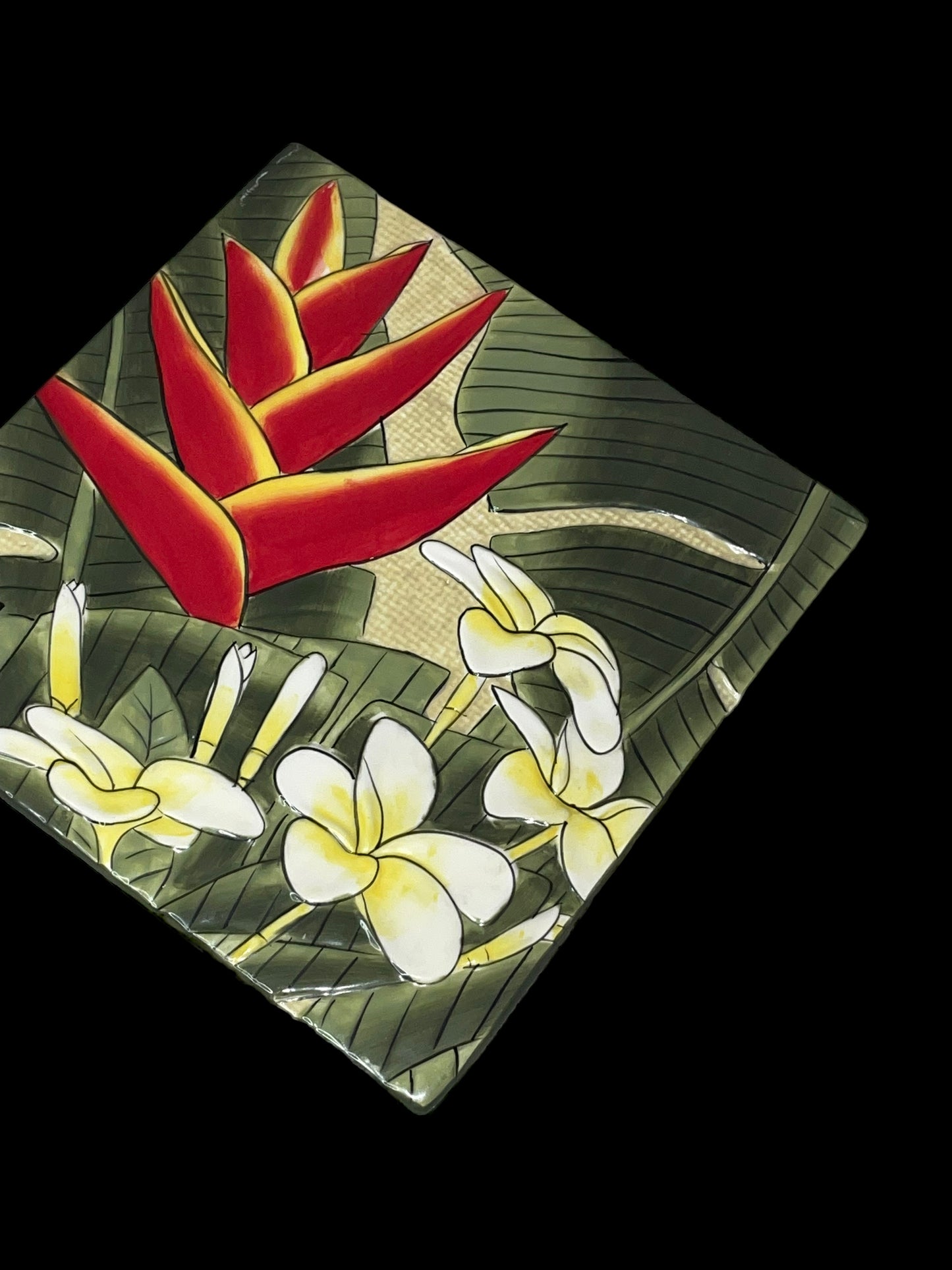 Hand Painted Plumeria and Bird of Paradise 8.25" Ceramic Cheese Serving Tile Plate