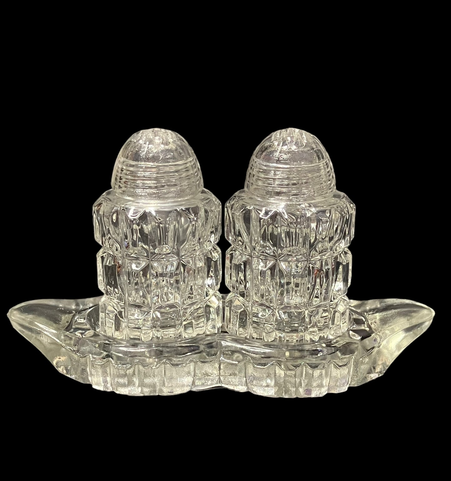 Vintage Bohemian Crystal Salt & Pepper Shakers and Tray