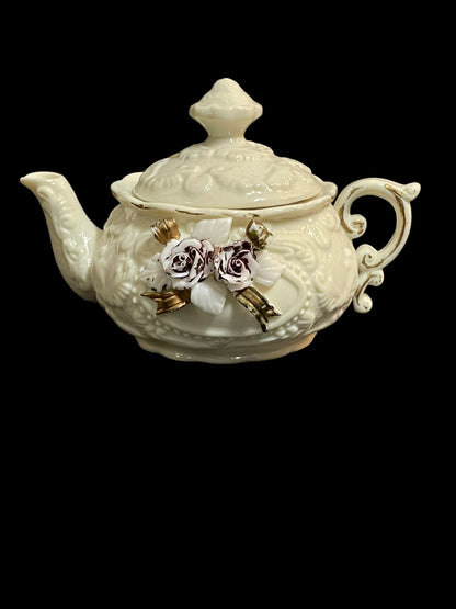 Mini Pink Flower and Gold Ribbon Porcelain Teapot