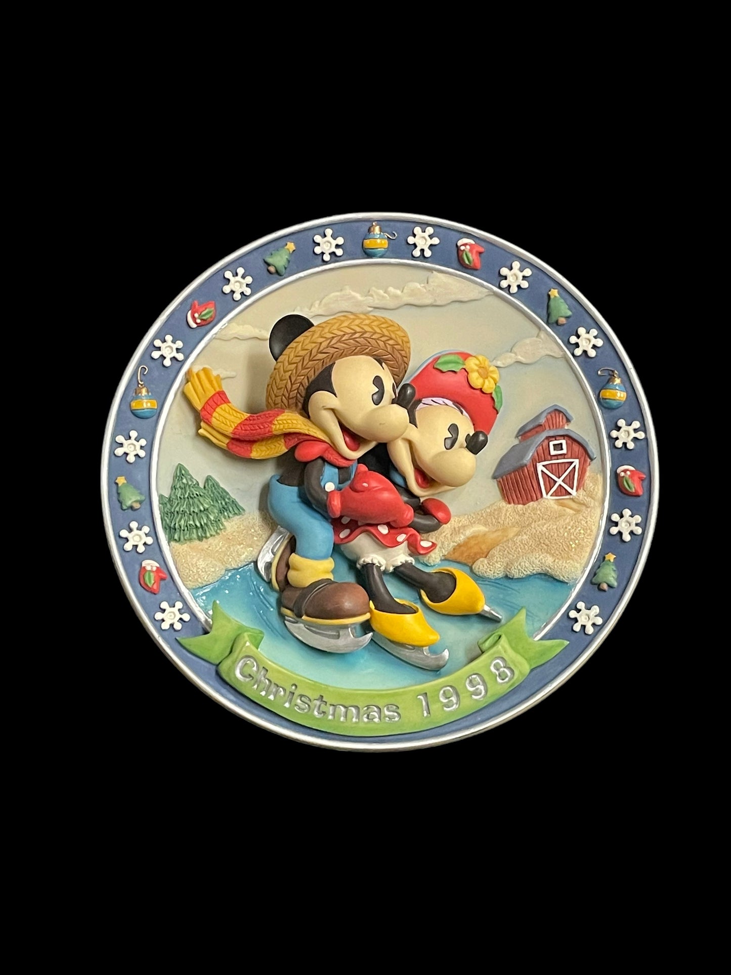 1998 Enesco Mickey and Minnie Ice Skating 3D Plate Christmas #363332