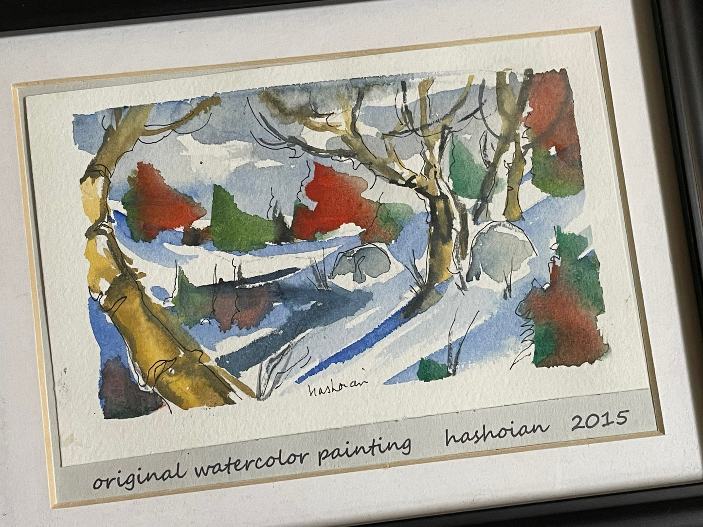 2015 Winter Landscape Original Watercolor Painting by Hashoian