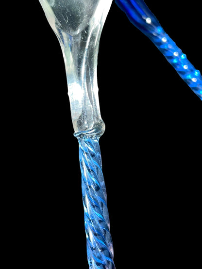 Exquisite Pair of Venetian Glass Demitasse Spoons - Clear with Cobalt Blue Spiral Handles