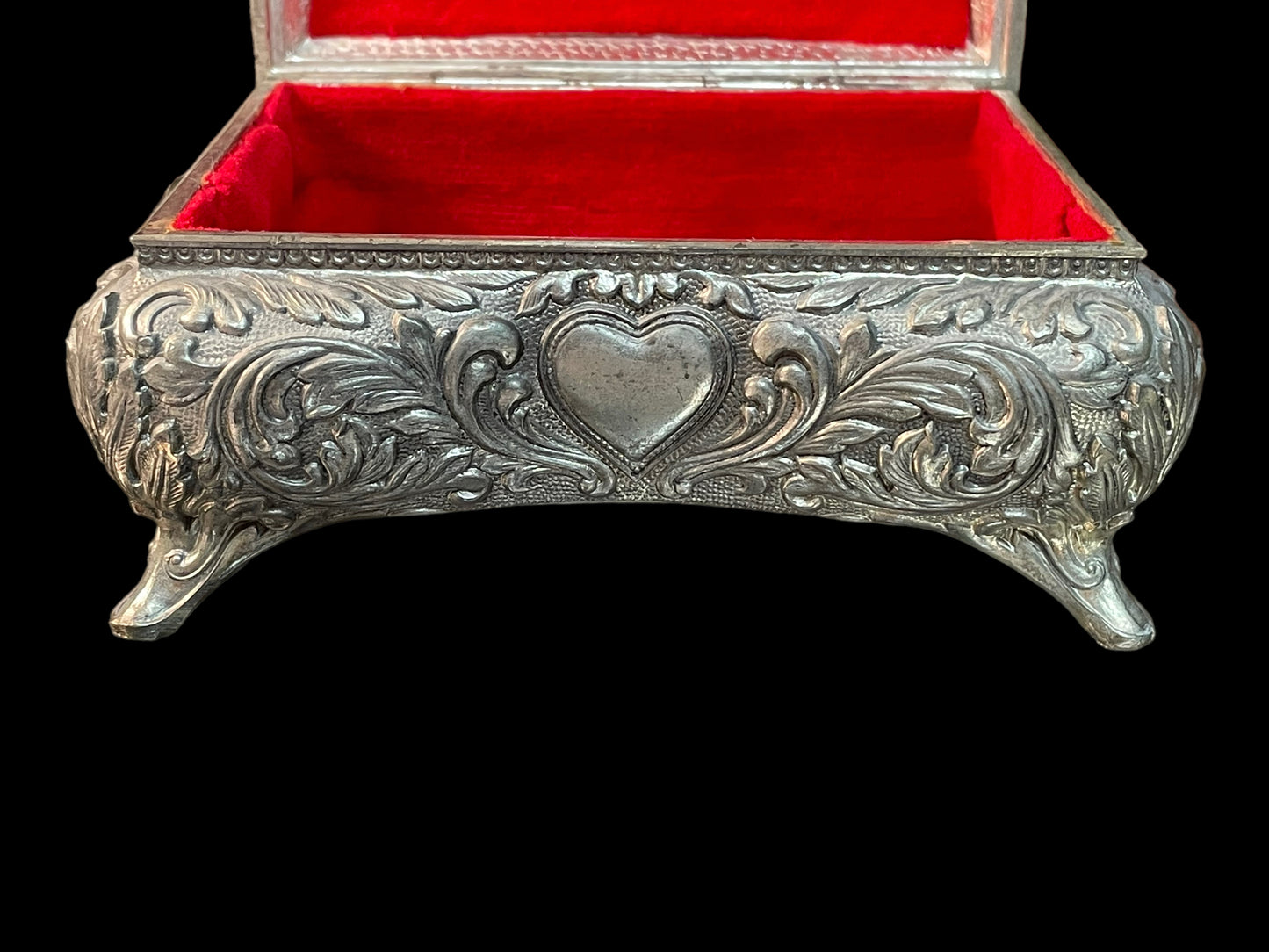 Vintage Metal Silver Tone Rose Trinket Box