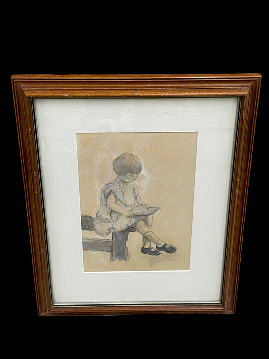 Framed Watercolor Artwork of a Girl Sitting on a Fence Reading a Book