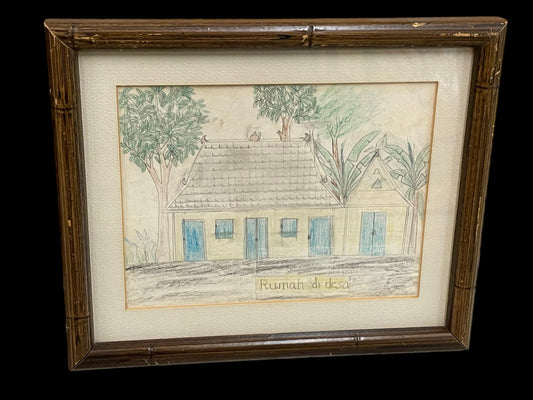 Framed Color Pencil Drawing of a House and Trees