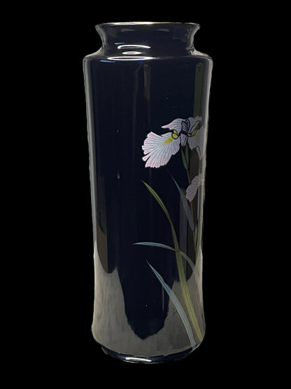 Vintage Yamaji Japan Iris and Dragonfly Tall Black Table Vase