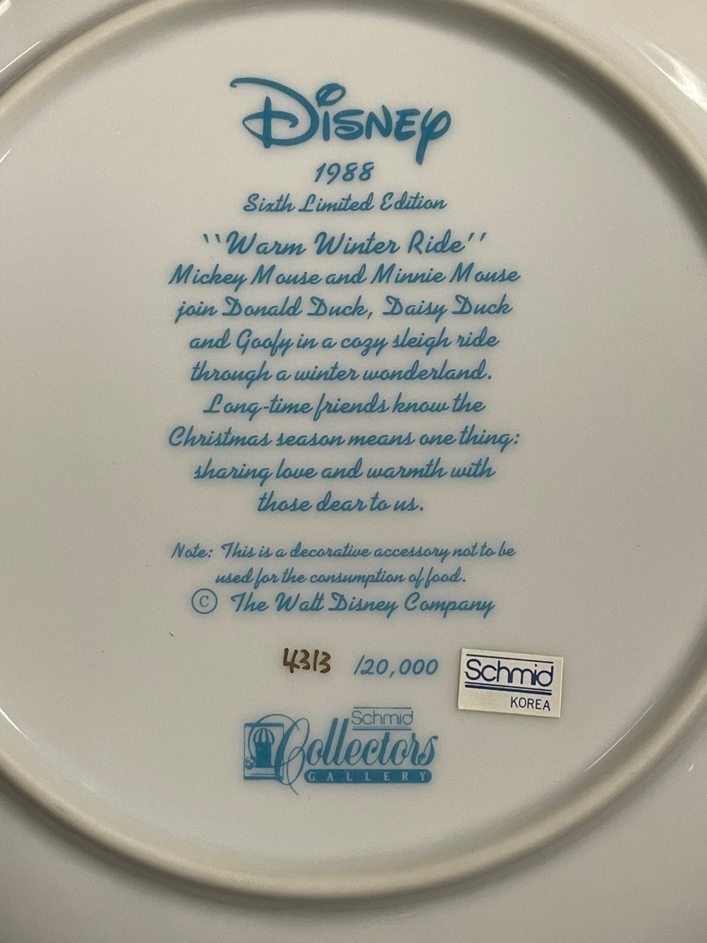 1988 Walt Disney's Warm Winter Ride Schmid Decorative Plate