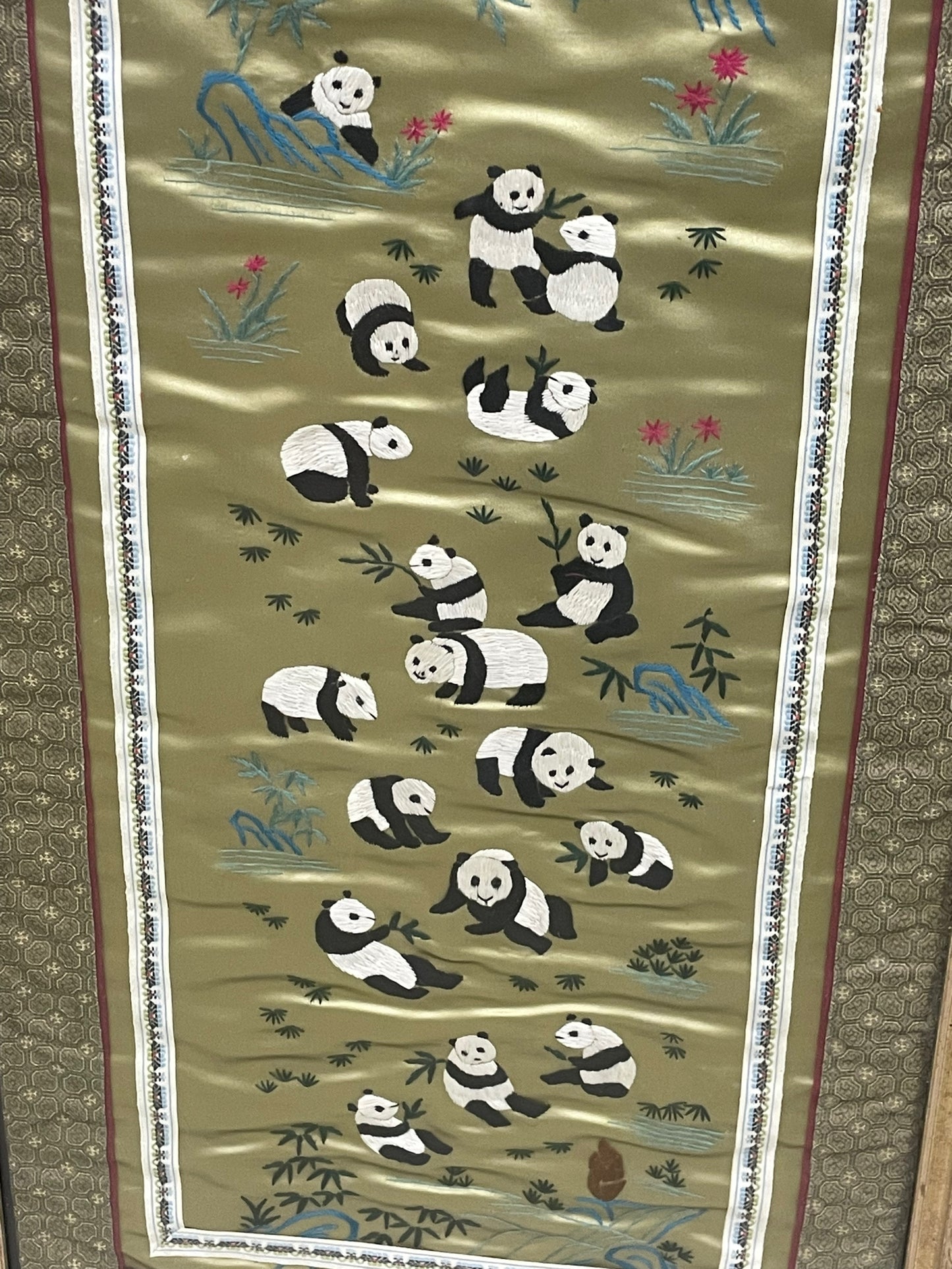 Vintage Asian Panda Silk Tapestry