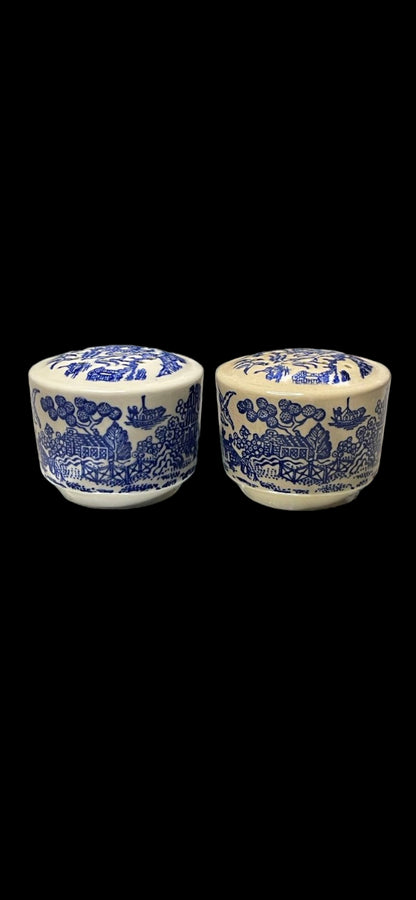 Beautiful Antique Blue Willow Salt and Pepper Shakers with Corks