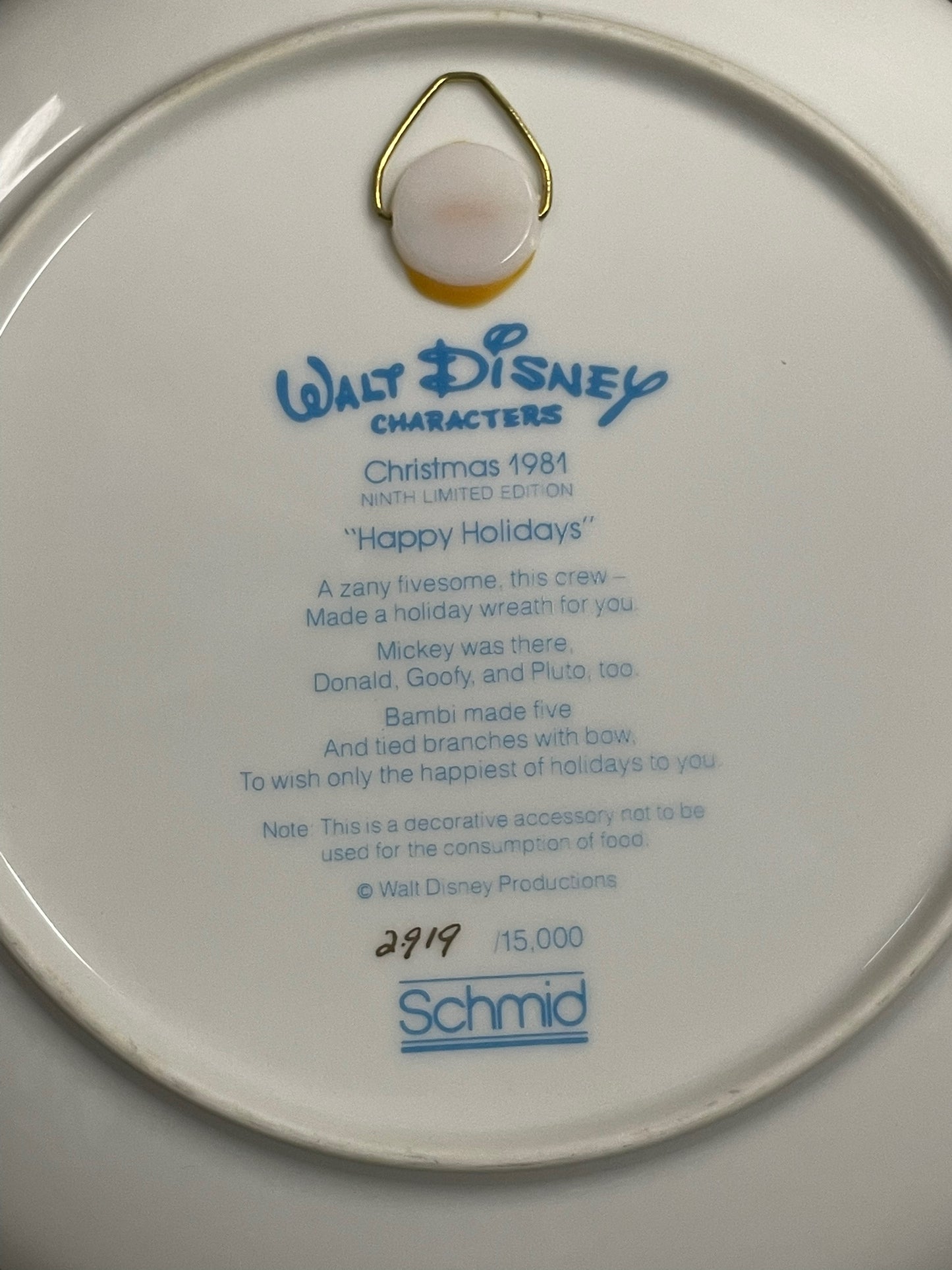 Walt Disney's 1981 Christmas Happy Holidays Schmid Decorative Plate