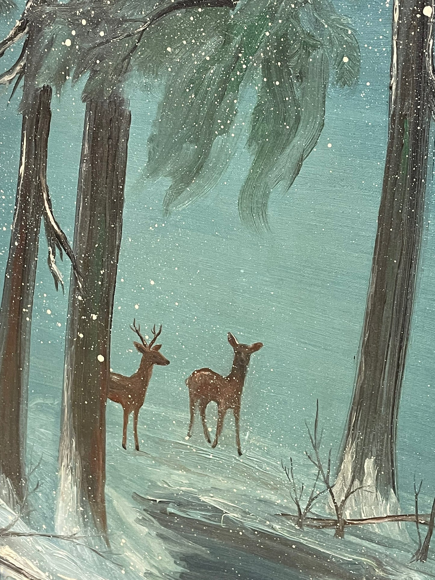 Two Deer in Winter Forest Painting by Ronald Reed