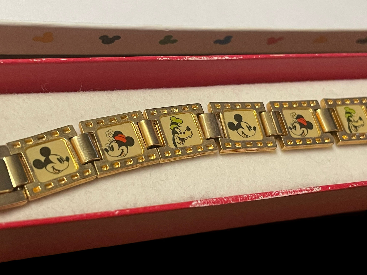 Vintage Disney Mickey, Minnie, & Goofy Film Strip Gold Tone Bracelet