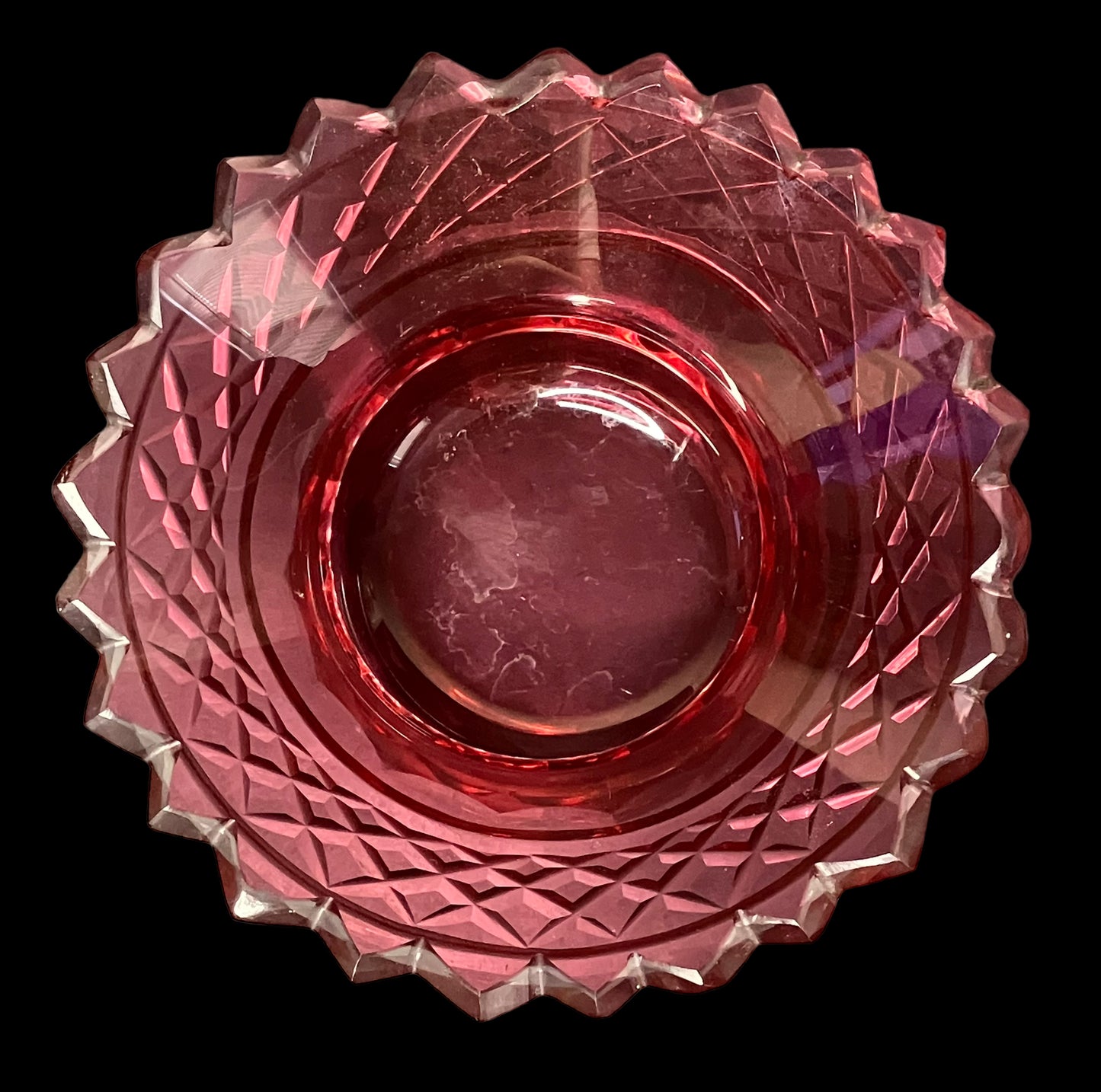 Small Vintage Cranberry Glass Dish with Spike Edge