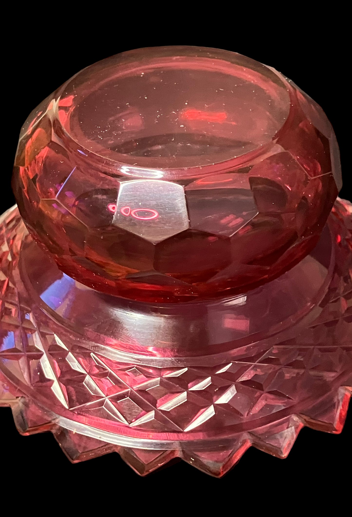 Small Vintage Cranberry Glass Dish with Spike Edge