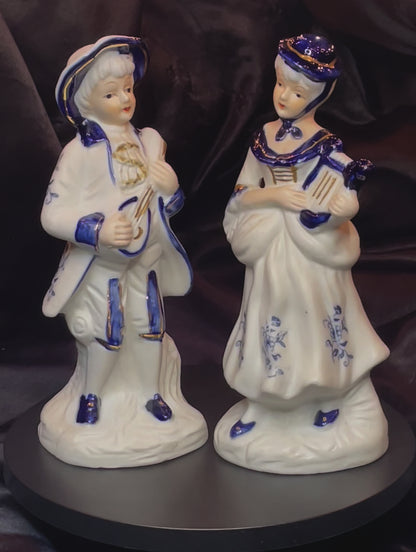 Vintage Musician Couple White & Blue with Gold Accent Porcelain Figurines